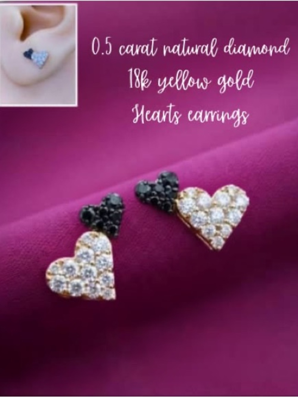 18K Yellow Gold Heart Diamond Earrings - Black and White Hearts